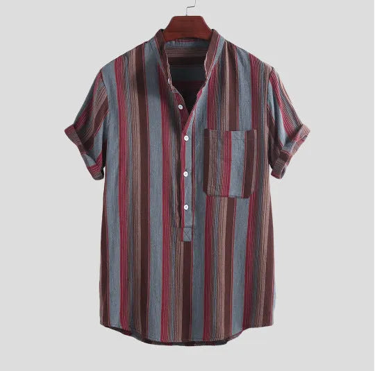 Men's long sleeve striped shirt with stand-up collar, lapel-style print and pocket decoration in red or yellow