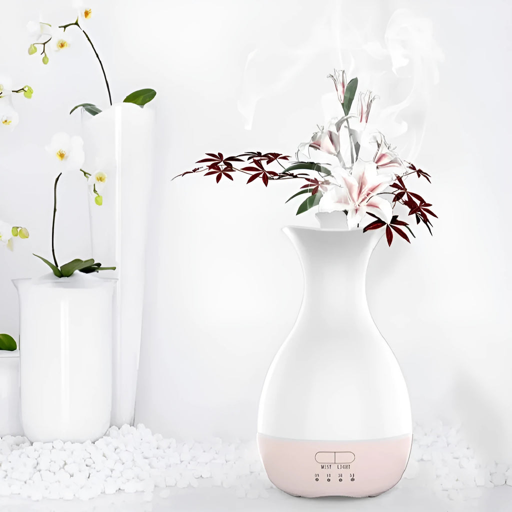 White ultrasonic aromatherapy vase diffuser with colour-changing night light and 200ml water tank capacity.
