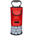 Red detachable golf ball retriever with nylon zipper storage bag and plastic handle, holds about 60 balls