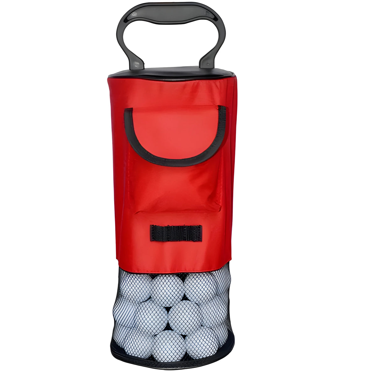 Red detachable golf ball retriever with nylon zipper storage bag and plastic handle, holds about 60 balls