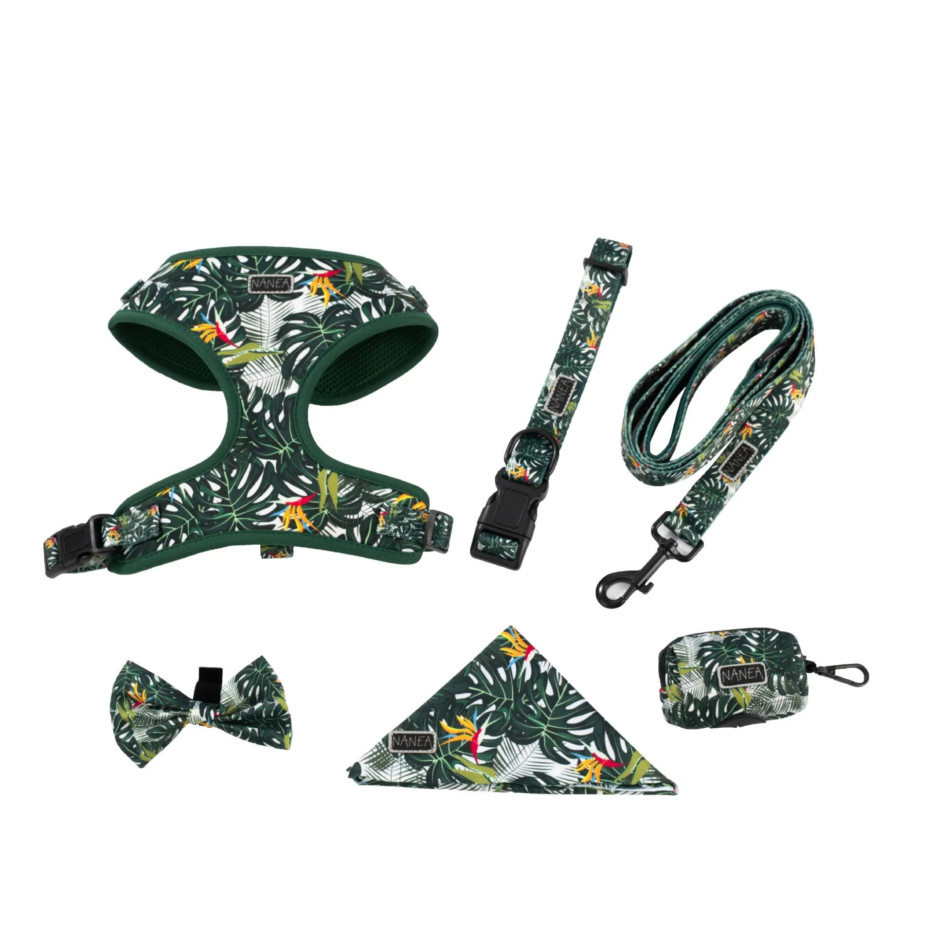 Adjustable cloth vest dog harness set with leash, collar, waste bag, bow tie, and bib in multiple colours