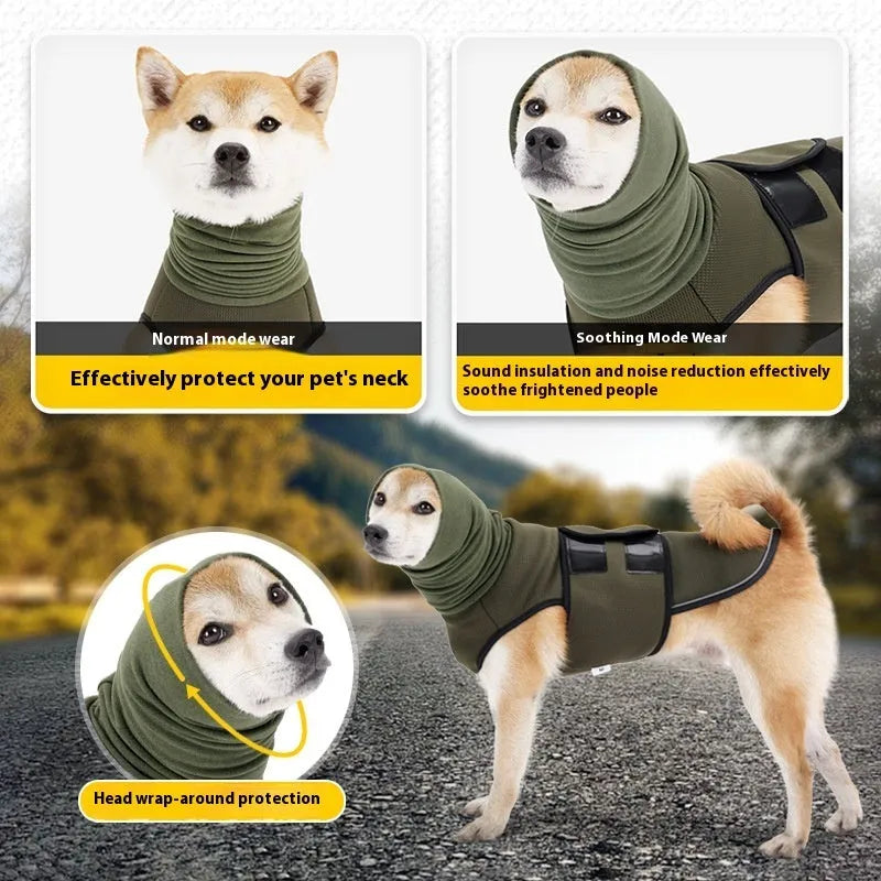 Army green dog anti-anxiety jacket providing calming compression for pet stress relief.