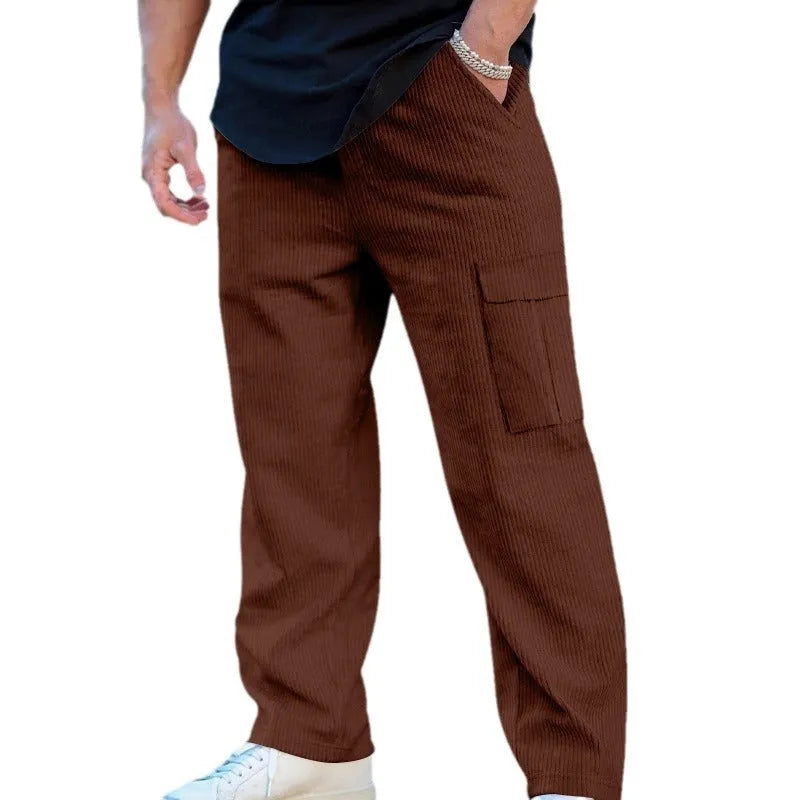 Men's corduroy cargo trousers in loose-fitting wide-leg design with drawstring waist