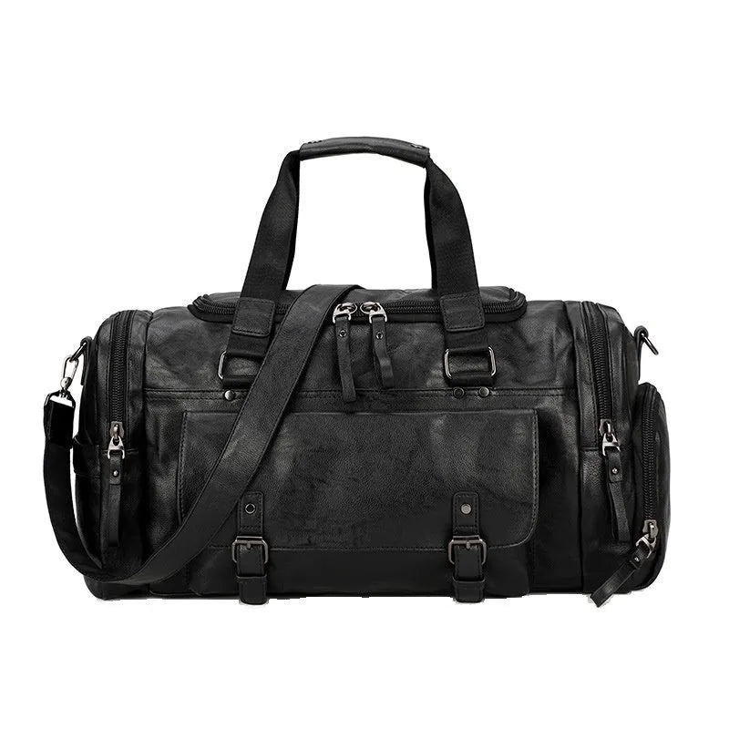 Black PU travel bag with shoe compartment measuring 52cm by 19cm by 27cm