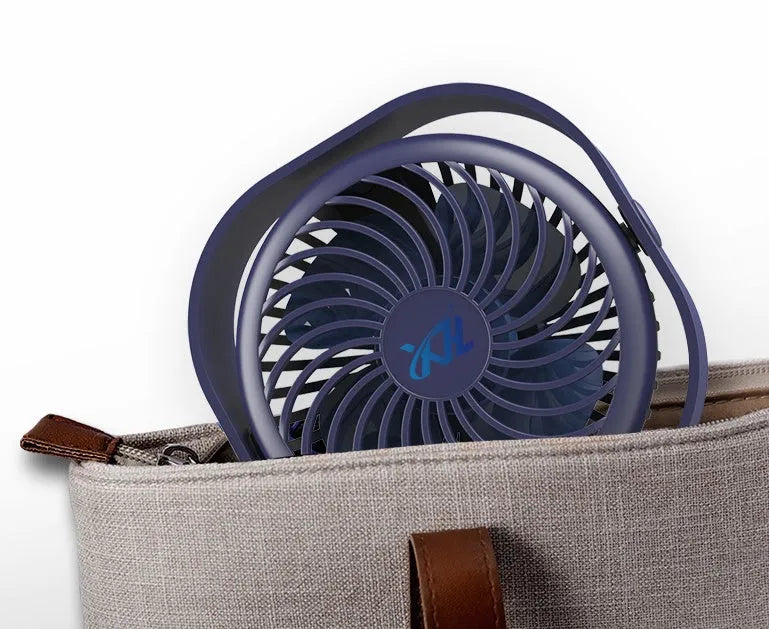 USB desk fan with rotating head in modern alarm clock design, showing colour options