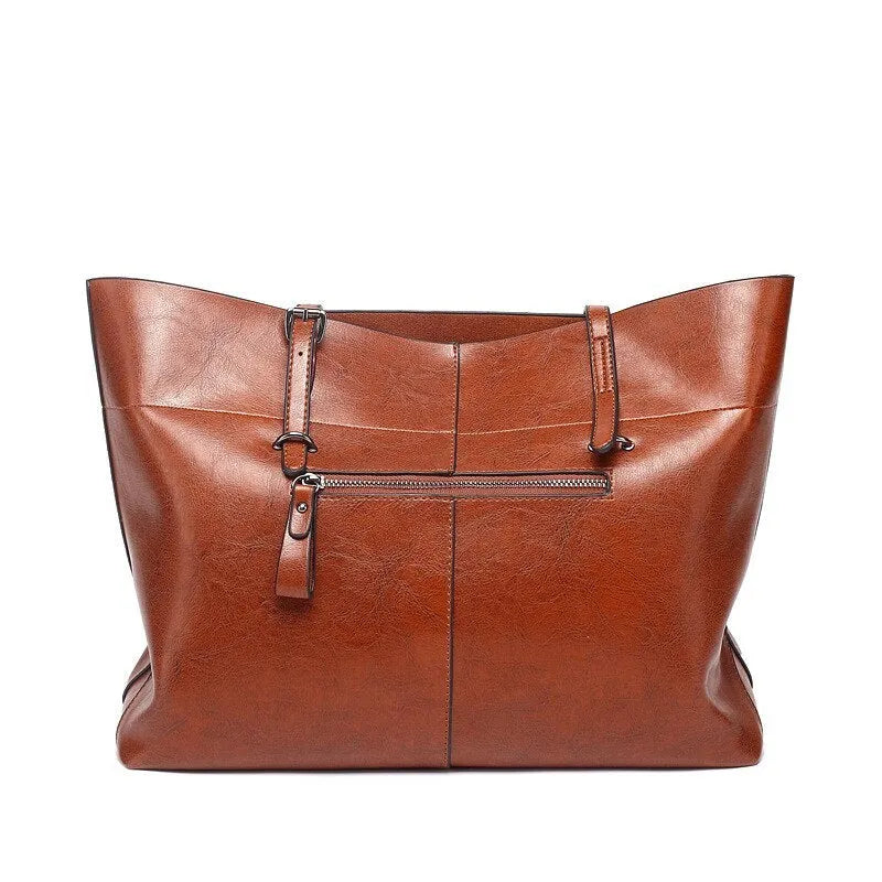 Waxed cowhide leather handbag in cross-section style showing internal compartments and available colour options.