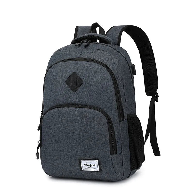 Grey nylon backpack with USB charging port and trolley attachment strap