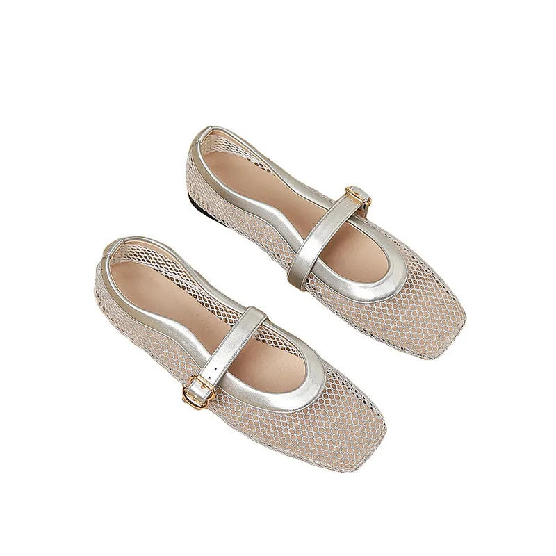 Women's beige mesh buckle sandals with a square toe and flat heel on a white background.