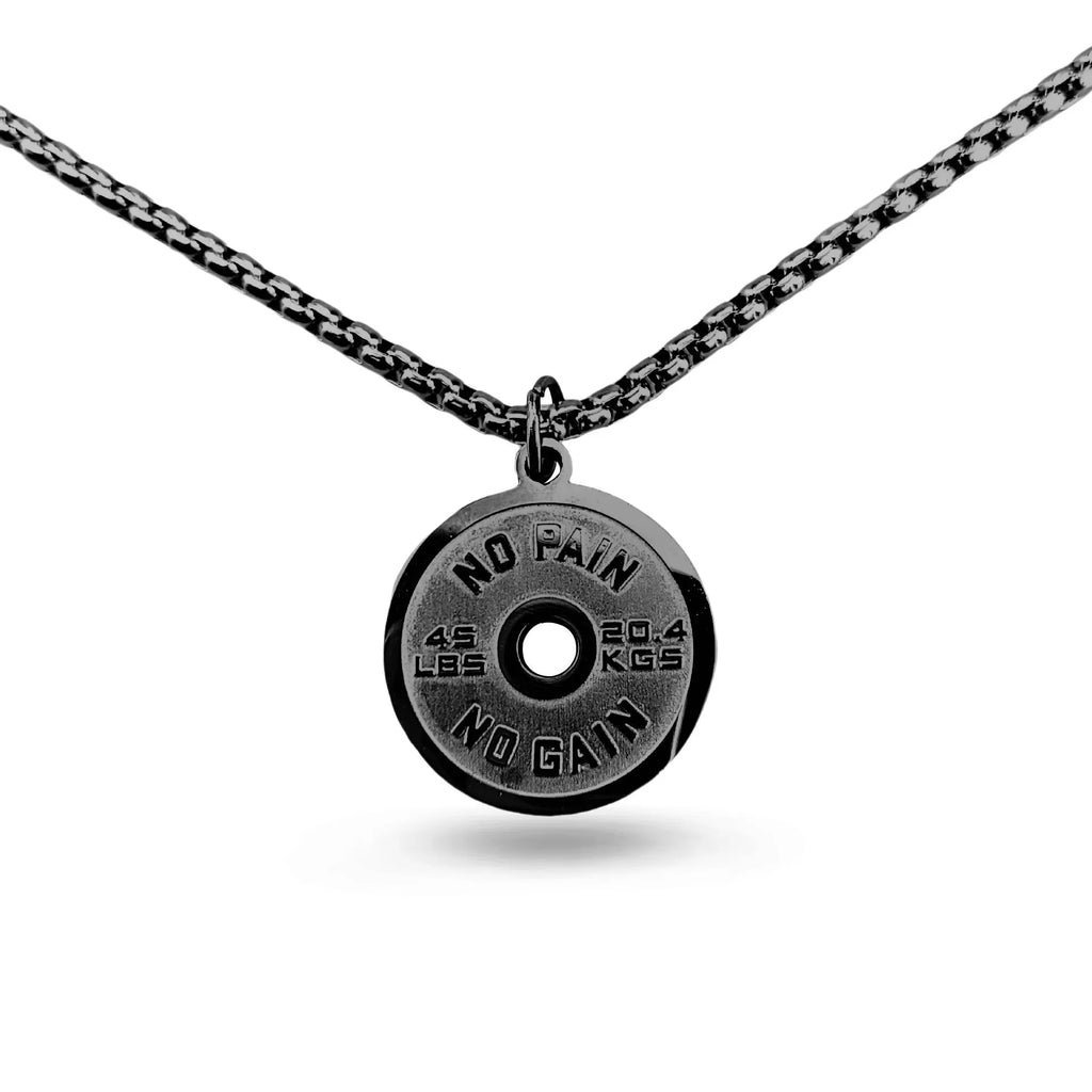 Stainless steel geometric barbell disk pendant necklace on a black chain, with gold and pearl chain options shown.