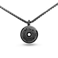 Stainless steel geometric barbell disk pendant necklace on a black chain, with gold and pearl chain options shown.