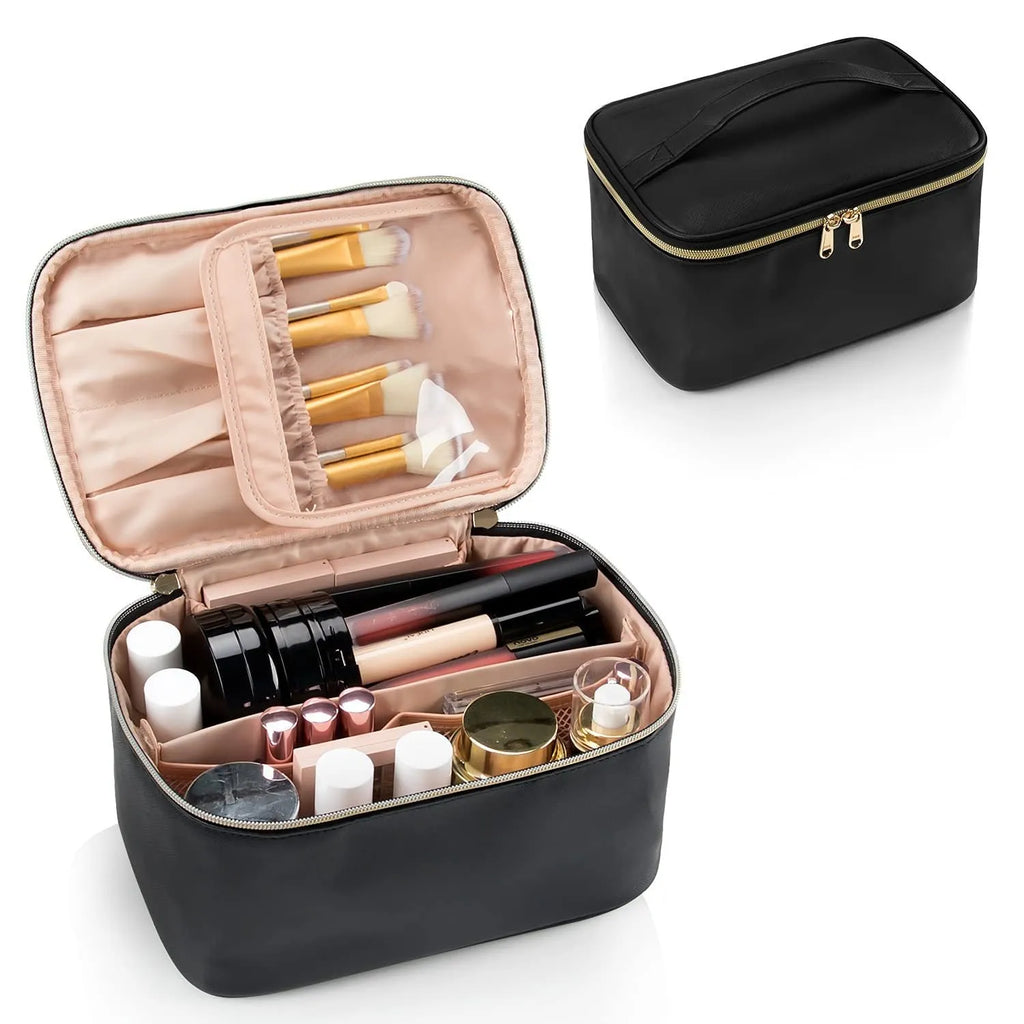 Black cotton cosmetics bag with nylon lining, large capacity handbag for makeup and toiletries
