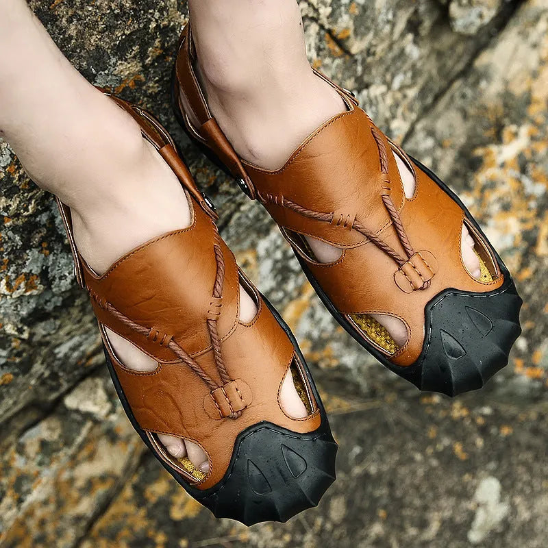 Men's casual sandals in black, brown, and khaki, sizes EU 38 to 46, open outdoor design.
