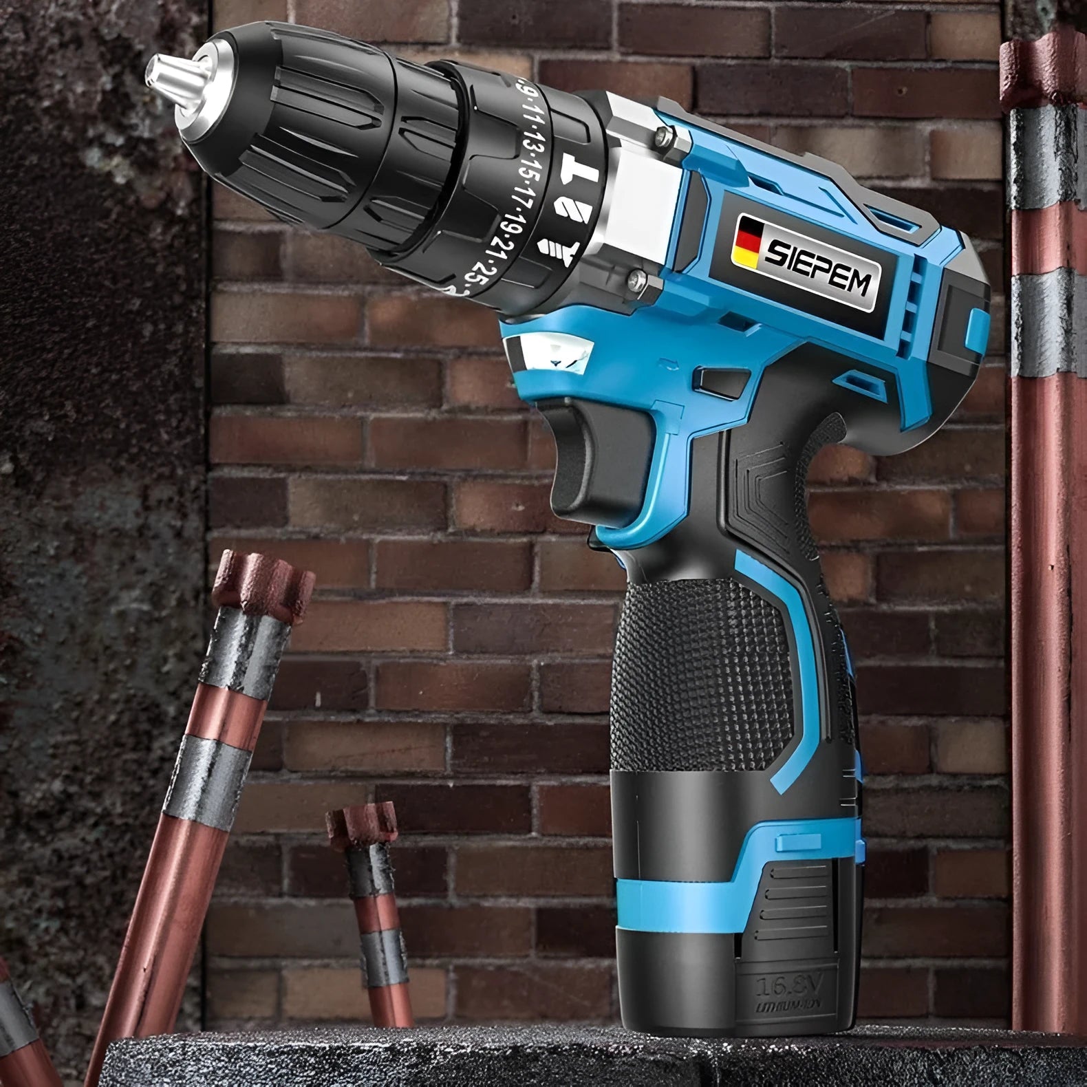 12V dual speed impact pistol drill and electric screwdriver set inside a grey plastic storage case.