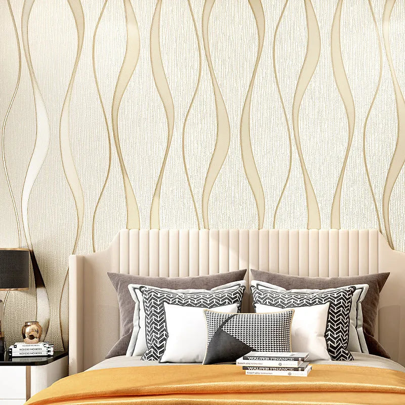 Curve stripe pattern 3D decorative wallpaper roll with velvet texture in light grey and dark brown colours.