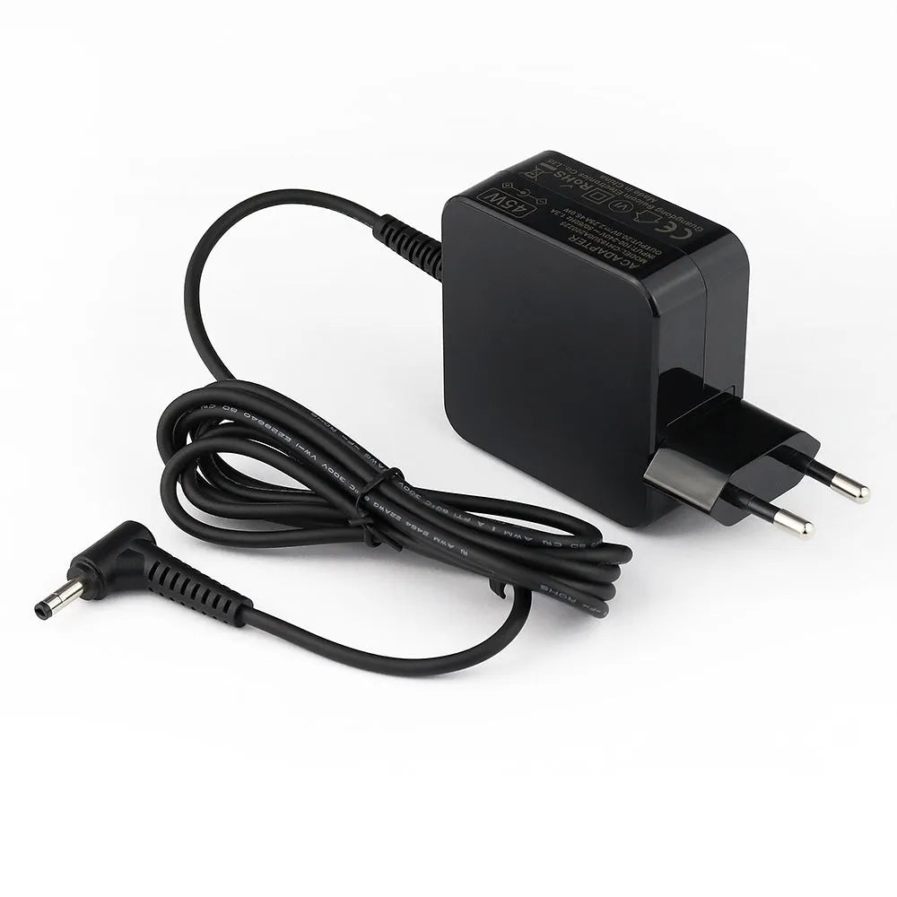 Black 45W laptop power adapter with US DC connector measuring 99.3mm by 36.5mm by 61.8mm