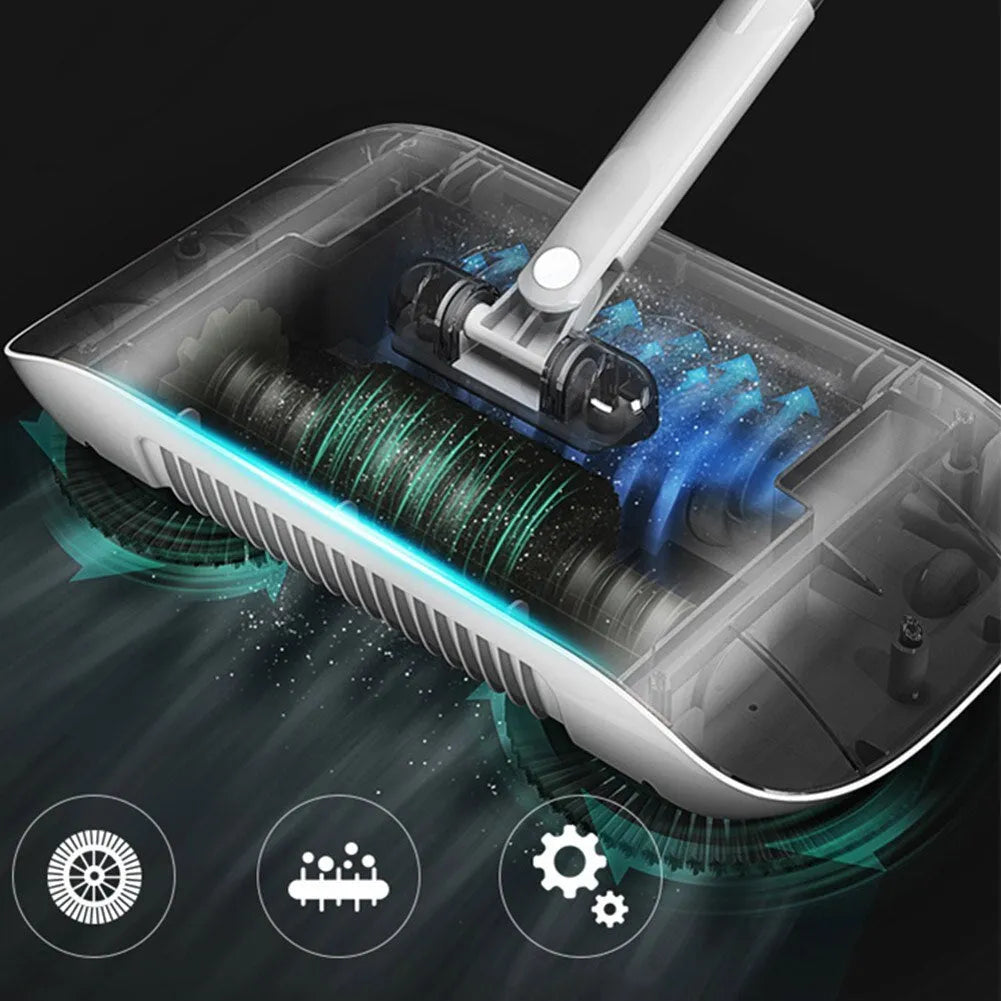 Hand push sweeper with broom, dustpan, and trash bin, 360 degree rotating brush, PP, powder colour, 102x33x16.3 cm