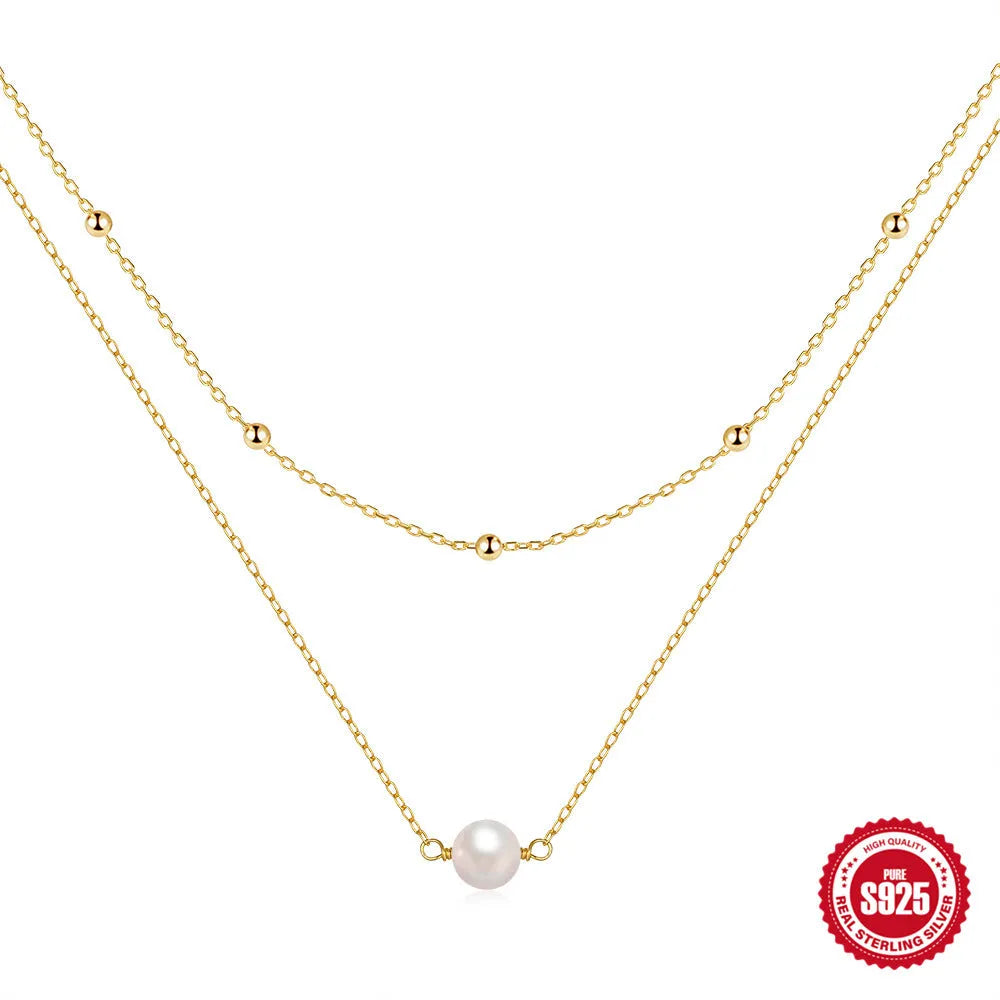 S925 sterling silver double-layer necklace for women with twin pearls on a ball bead chain in gold colour.