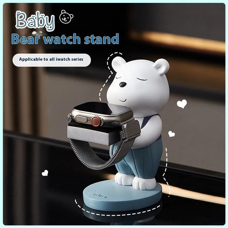 Cartoon baby bear resin watch charger bracket with square support base for bedside table or desk