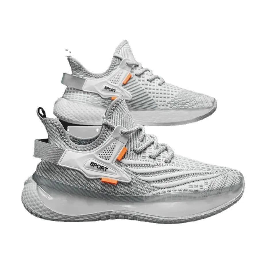 Men's white low-top mesh sneakers with flat rubber sole and front lace-up design on a neutral background.