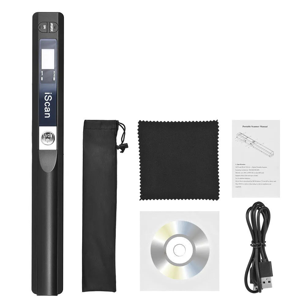 Handheld plastic barcode scanner shown in available black, blue, green, red, and silver colour options
