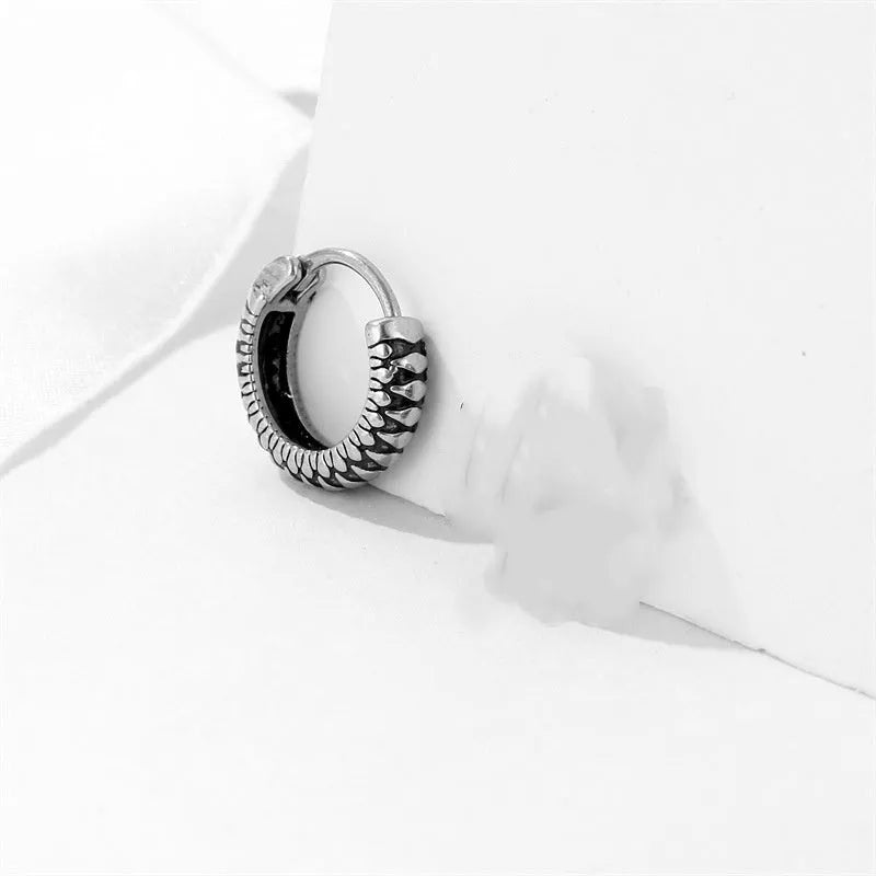 Silver geometric striped titanium steel earrings with round elements in retro sports style