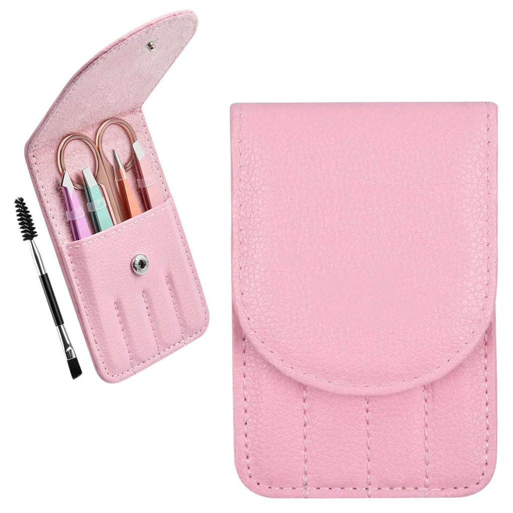 Six-piece stainless steel eyebrow tweezers set with curved scissors, brush, and leather case.