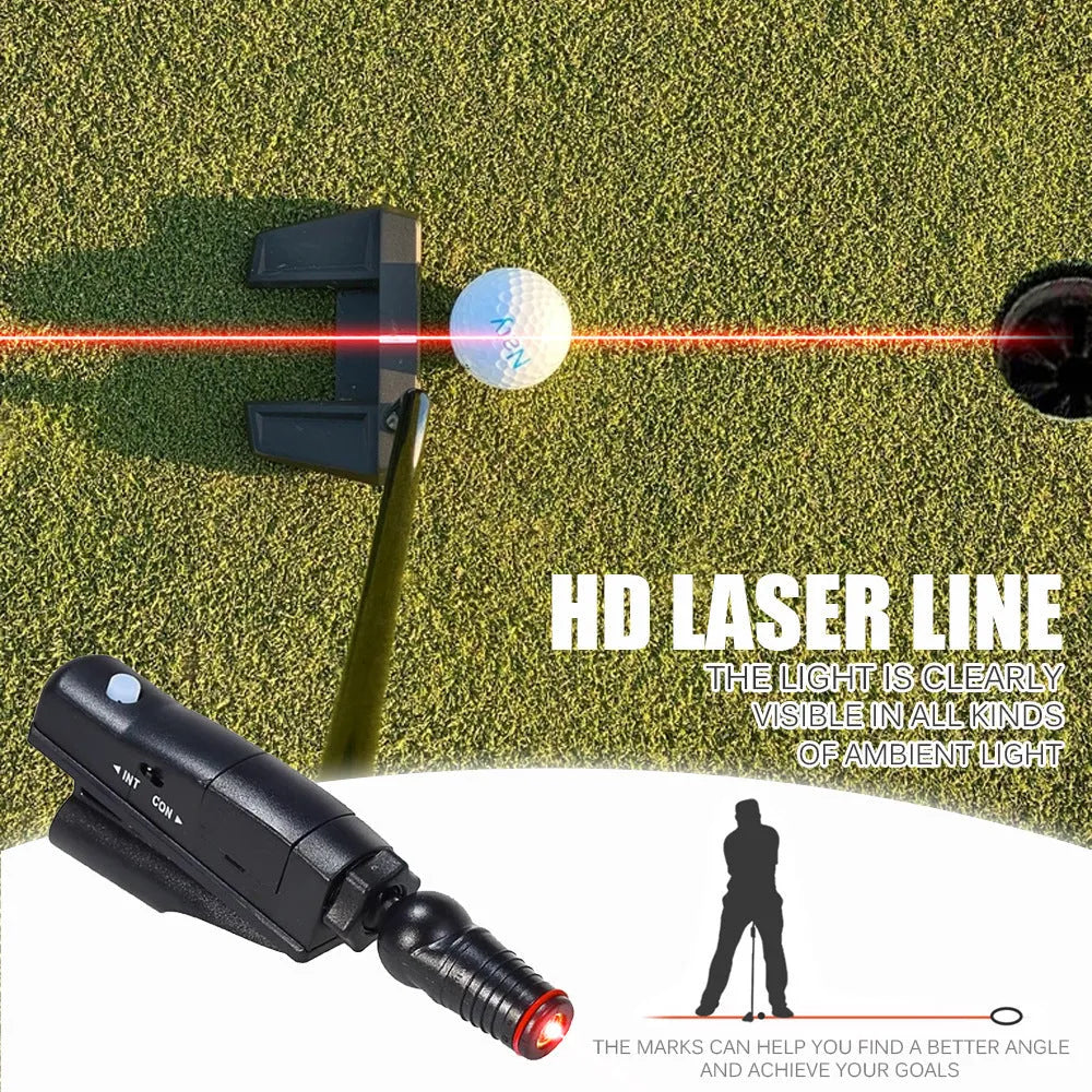 Matte black golf laser aiming instrument attached to putter for alignment practice