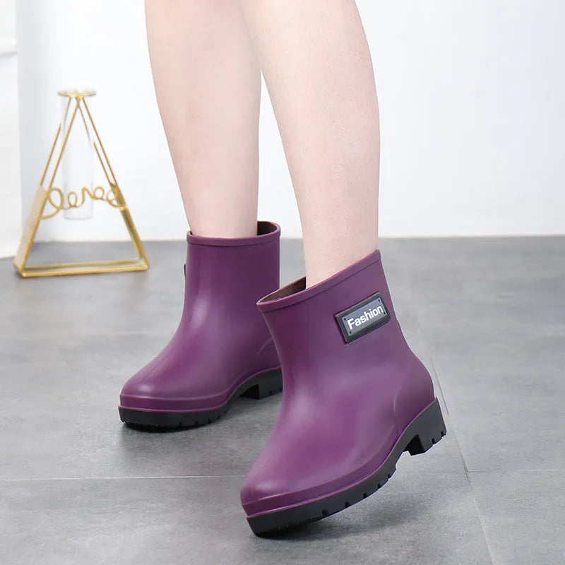 Women's mid-calf rain boots in black and brown with low heel and warm lining options