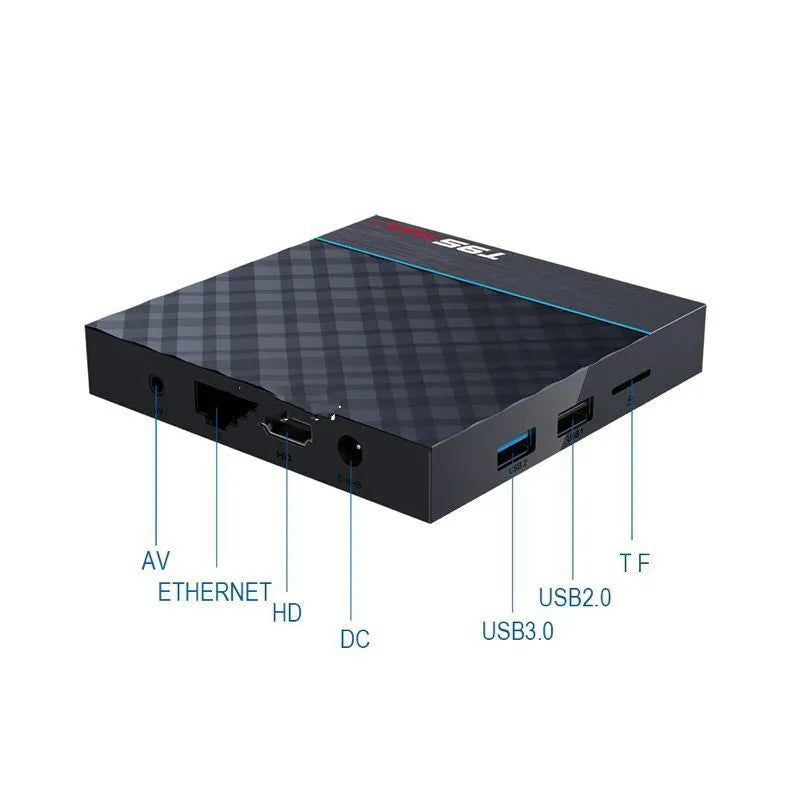 Black T95 Max Plus Android TV box unit with remote control, showing EU, UK, and US power plug options