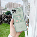 Green TPU iPhone case with geometric pattern and smiley face design in a polka dot frame.