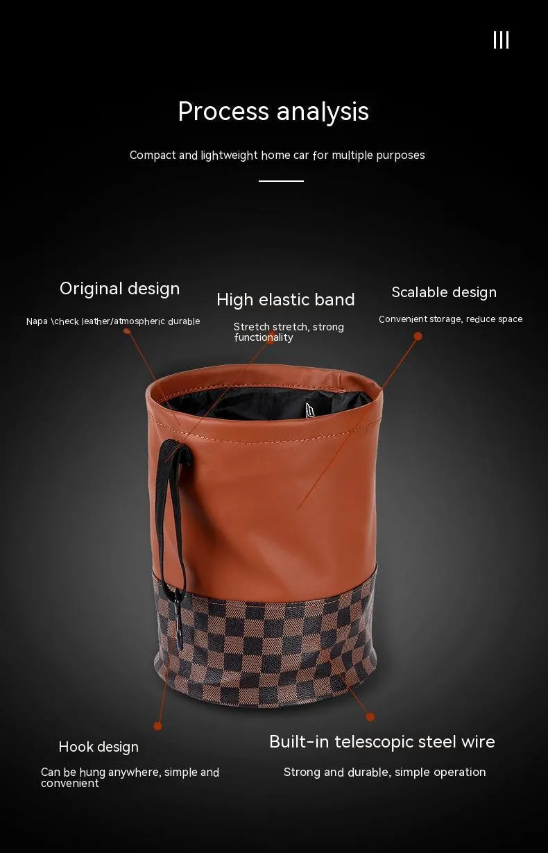 Leather retractable interior car bin with handle, shown in vehicle cabin setting