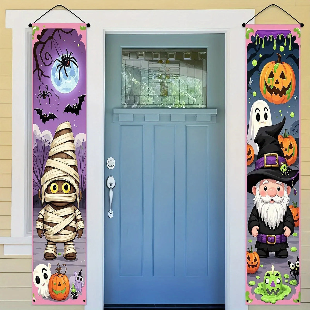 Pair of polyester Halloween couplet hanging flags measuring 30 by 180 centimetres for spooky decorations
