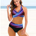 Ladies striped tie-dye bikini swimsuit with hollow design and high-waist briefs