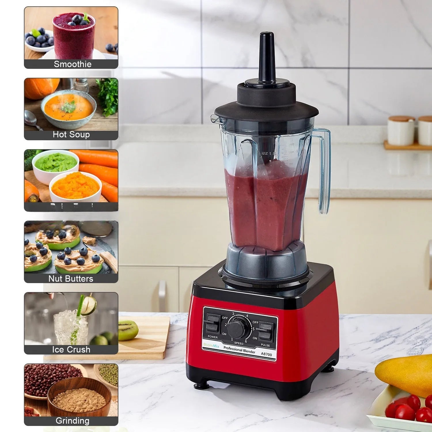 Red commercial blender with industrial design and 2200W motor for professional kitchens
