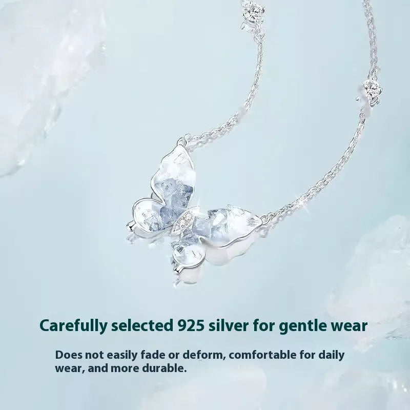 S925 silver necklace with ice rain butterfly pendant on adjustable O-ring chain