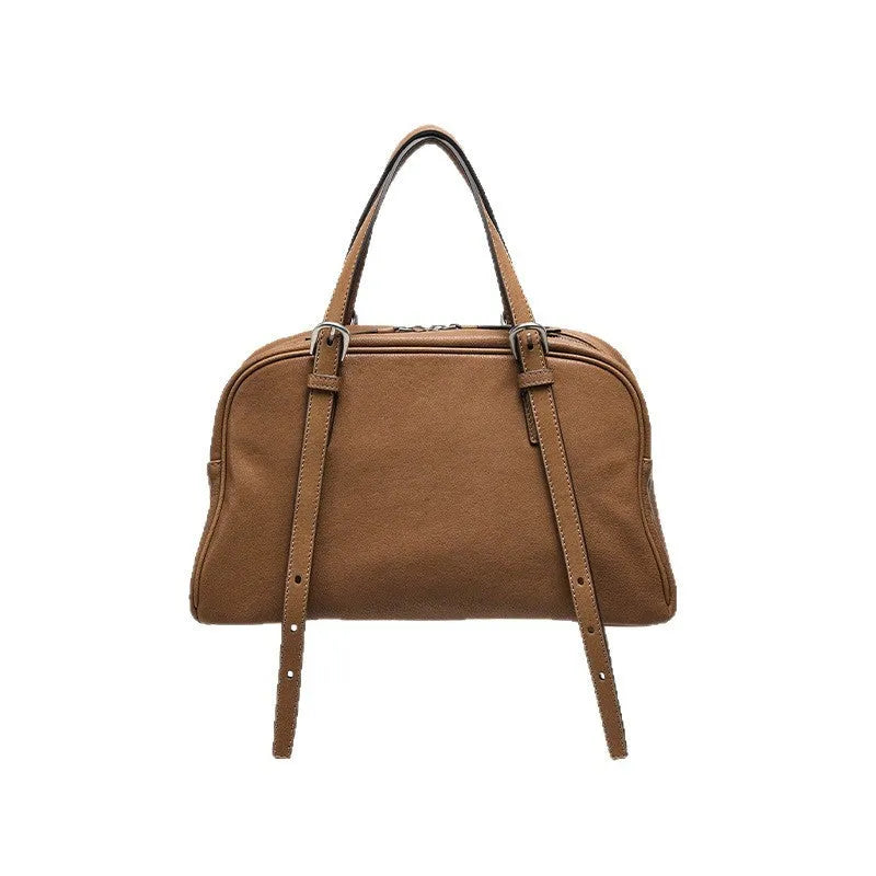 Women's retro genuine leather shoulder bag with horizontal square shape and double shoulder straps