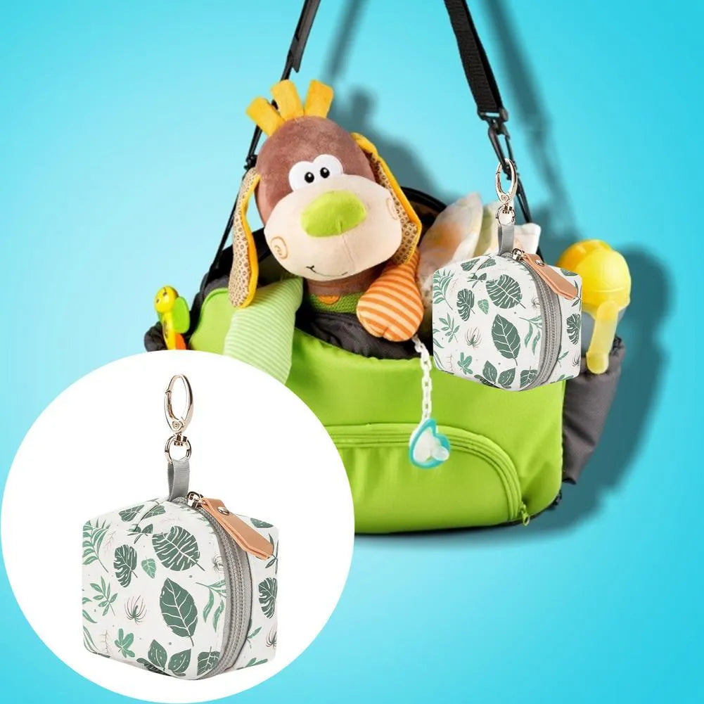 Baby pacifier holder case with PU leather outer and nylon lining, 10cm diameter, holds 2 pacifiers