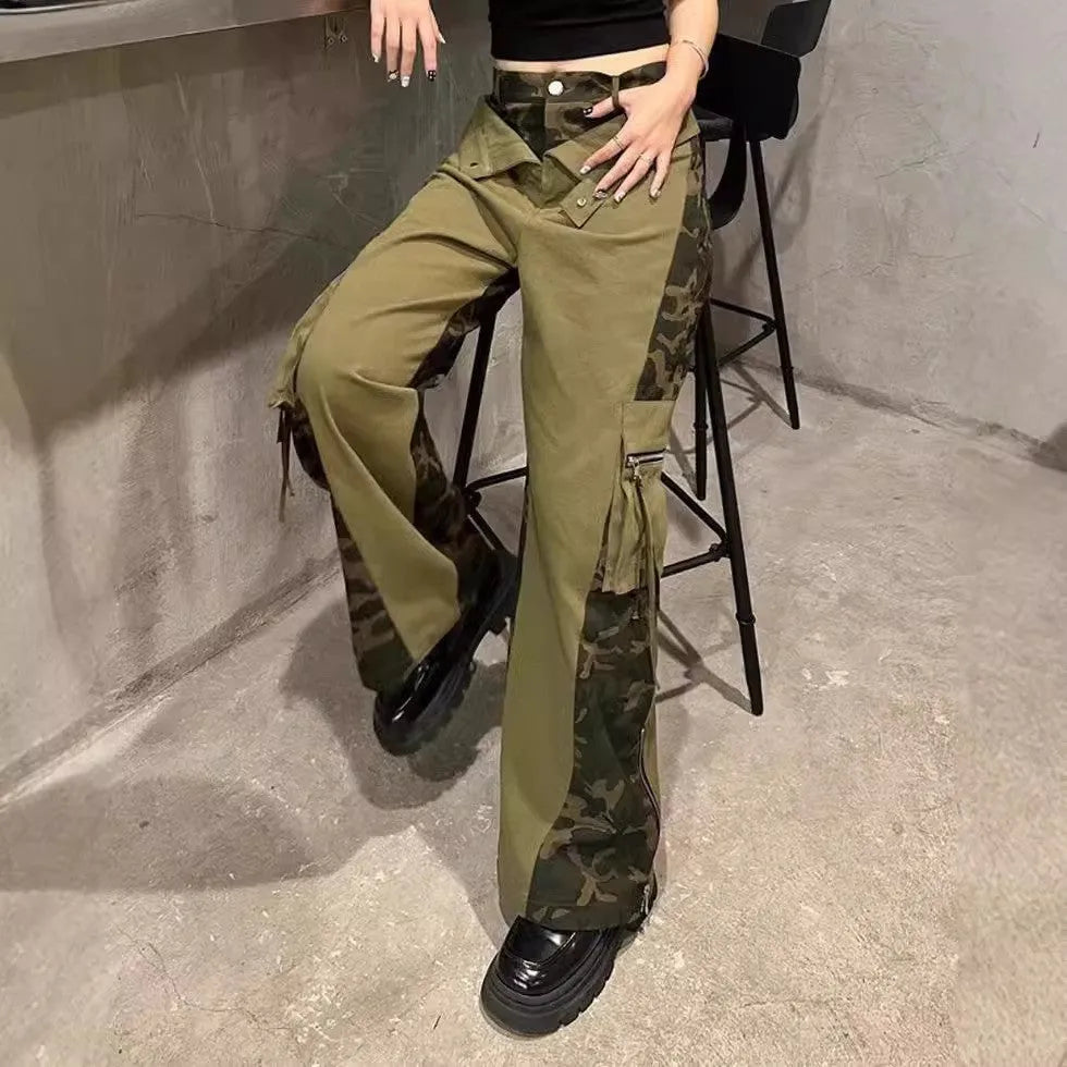 Dark khaki leopard print high waist jeans with fake stitching detail and straight leg cut