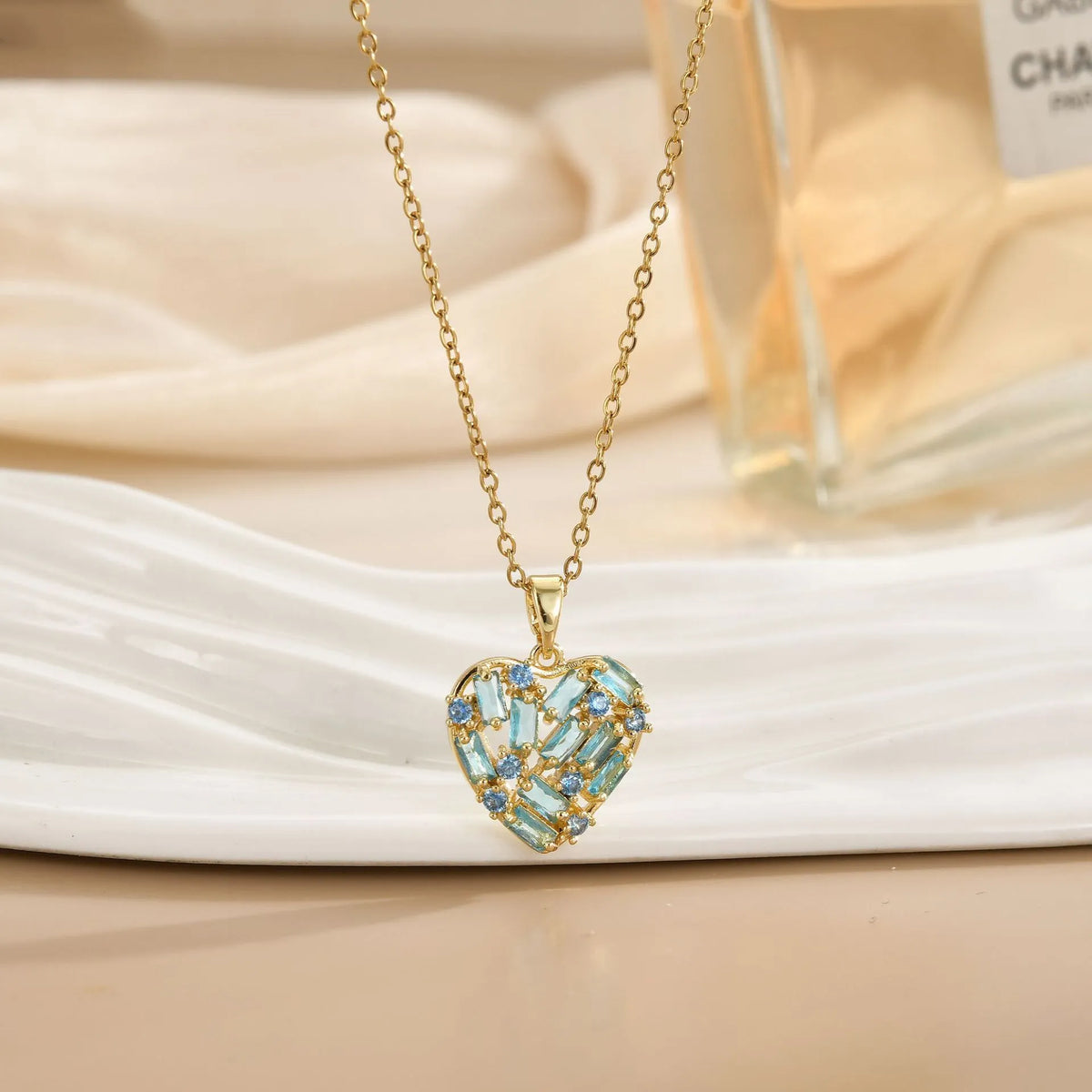 Heart pendant necklace for women with copper zircon, O-ring chain and electroplated finish in gold or silver