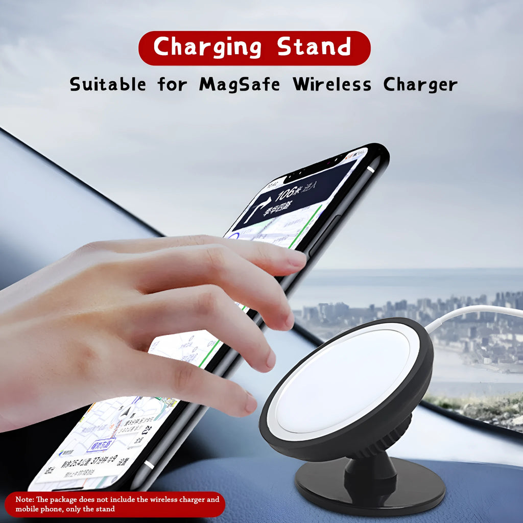 Black plastic magnetic car phone holder showing dashboard and air vent mounting options