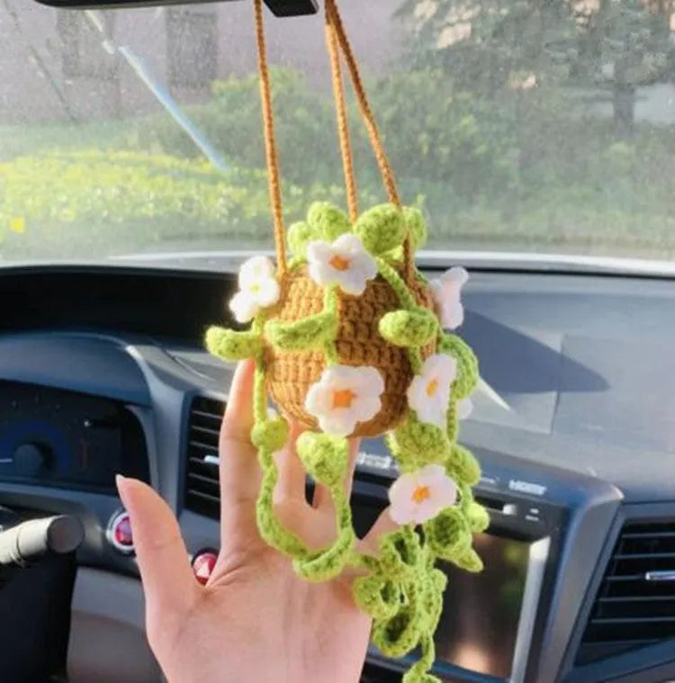 Green and white knitted wool macramé car air plant holder with hanging cord