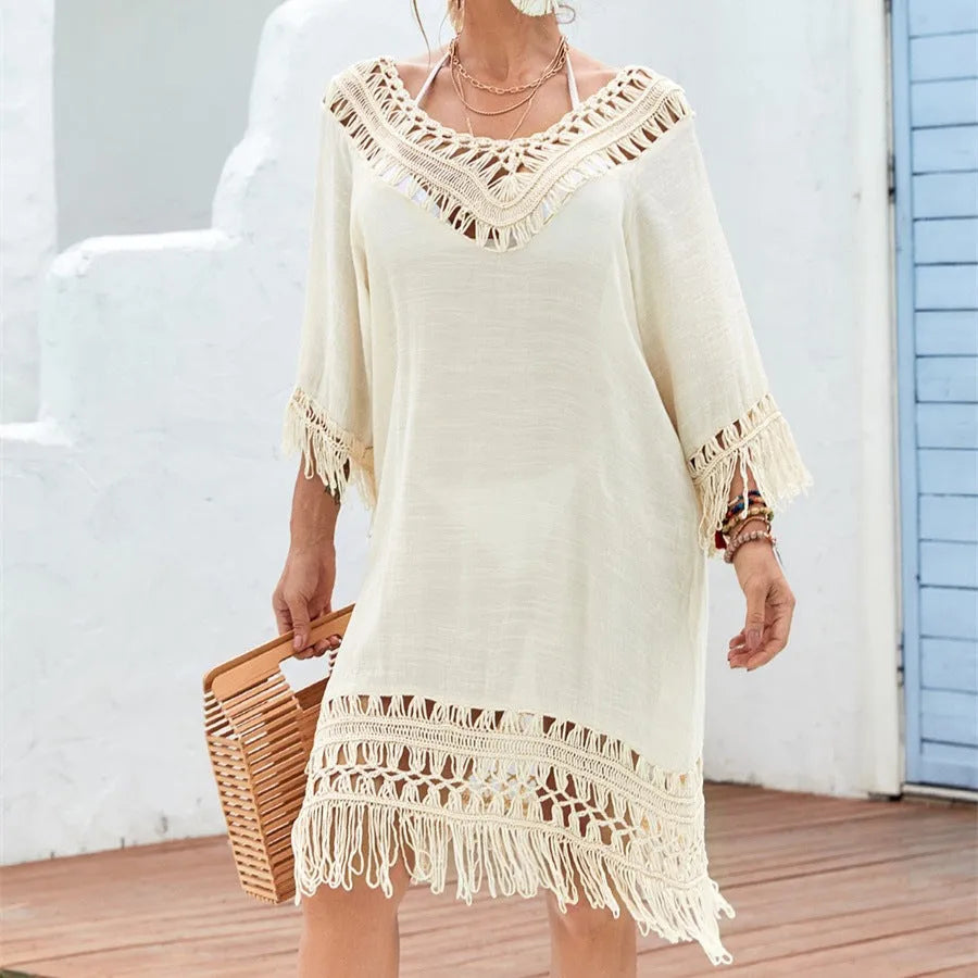 Apricot crocheted patchwork beach dress with splicing details and half sleeves