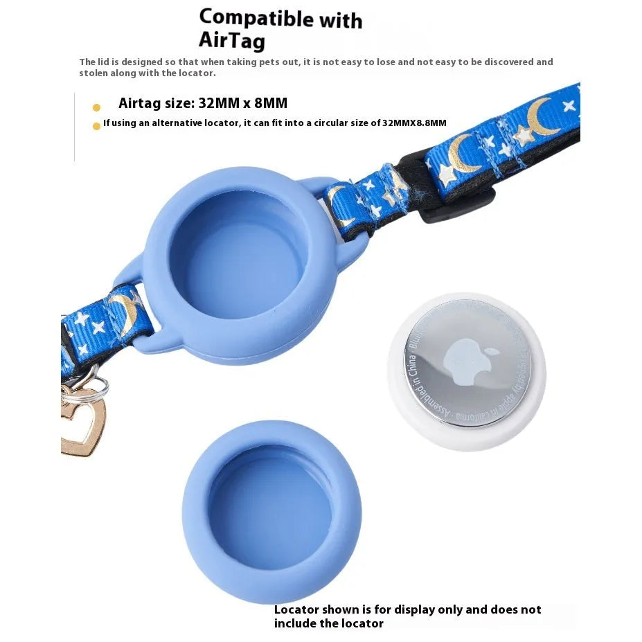 Apple AirTag protective case for cat collars in pink, blue, light green, and black colours showing S and M size options.