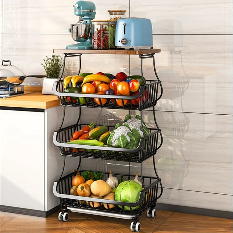 Black six-layer freestanding kitchen storage rack floor trolley with carbon steel frame