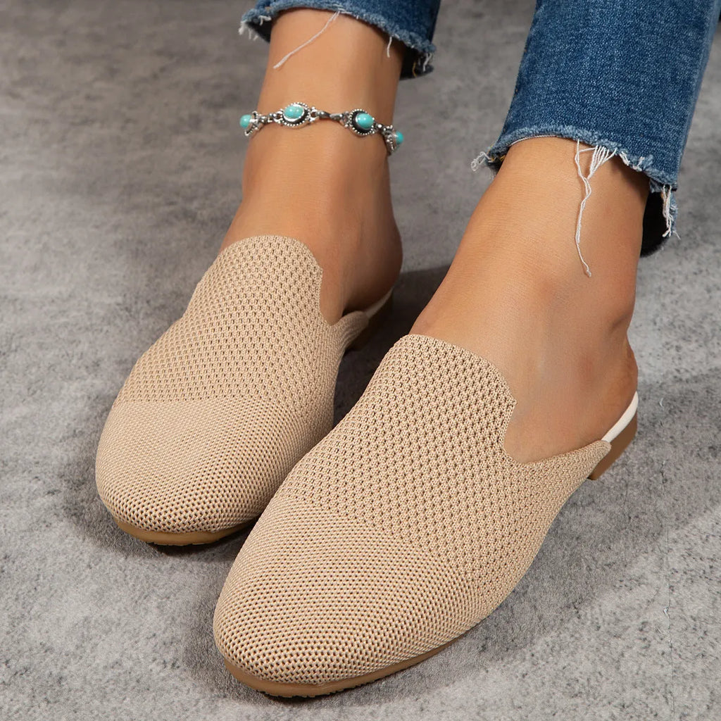 Mesh slip-on sandals in apricot, blue, and green colours with cloth upper and rubber sole