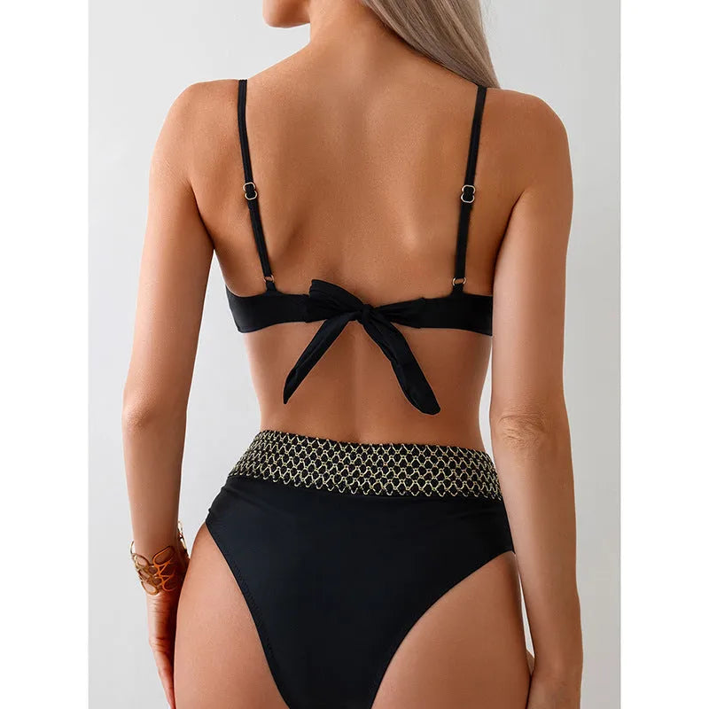 Black European and American style bikini swimsuit set with sleeveless top and briefs bottom