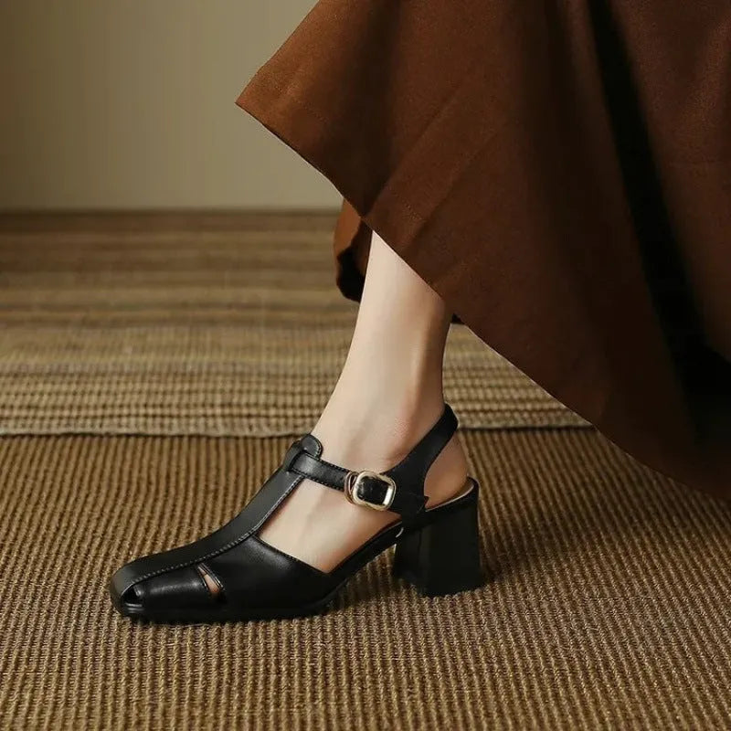 Hollow retro closed toe chunky heel sandals for women, leather upper, black and dark brown colour options