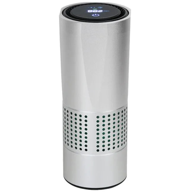 A7 aluminium alloy car air purifier with USB cable, display screen, and water cup design.