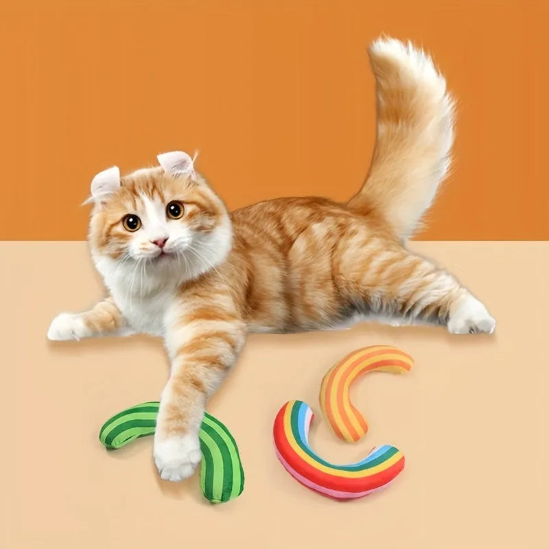 Striped pattern cat pillow toy with noise maker and catnip filling measuring 23cm by 20cm
