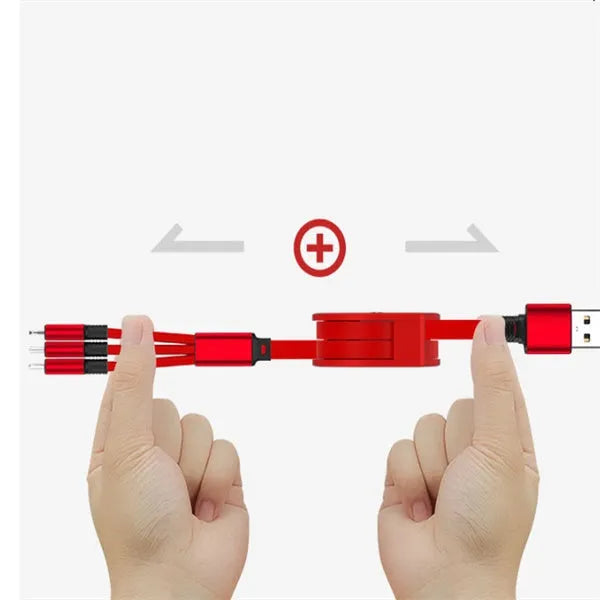 3 in 1 telescopic charging cable extended to show titanium alloy connectors and TPE wire body